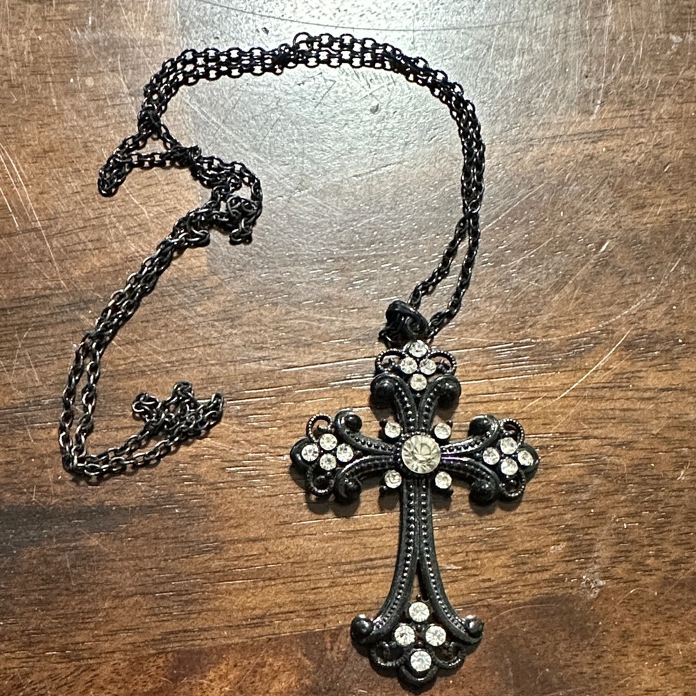 Long Black Cross Pendant Necklace